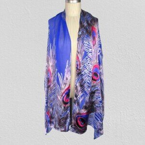 Cynthia Rowley Peacock Feather Print Silk Scarf Shoulder Wrap Shawl Blue Purple